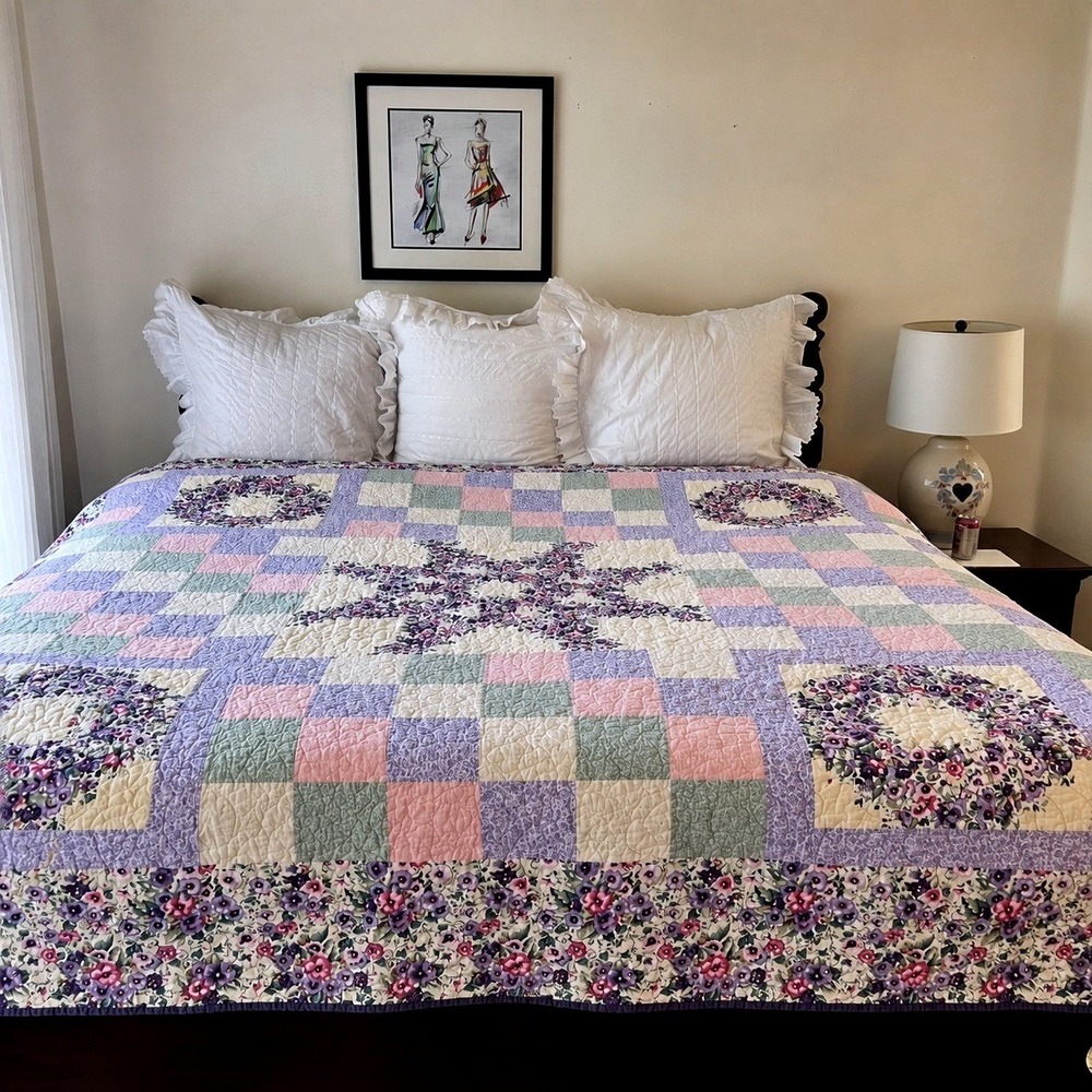 Vintage Purple Pansy Floral Patchwork Quilt Queen 92x86 Reversible Sage Green
